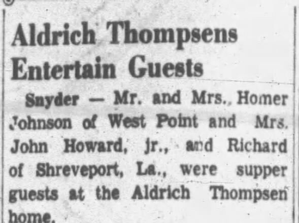 John Howard Jr and Darlene Johnson have dinner at Aldrich Thompsens Home Fremont tribune Nebraska 20 Sept 1949, page 3